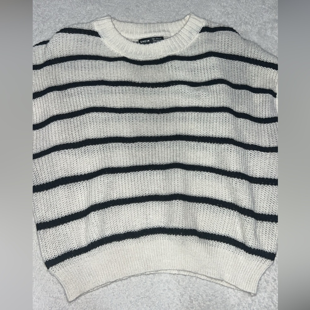 SHEIN Black and White Striped Crew Neck Sweater
